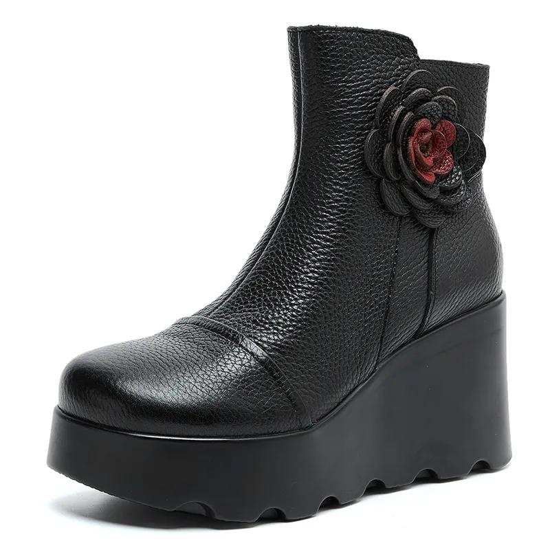 

Модные высококачественные женские зимние теплые плюшевые сапоги высотой 8 см в национальном стиле с цветочным принтом в стиле ретро ручной работы на танкетке, увеличивающие рост, ботильоны на платформе 34 чёрный
