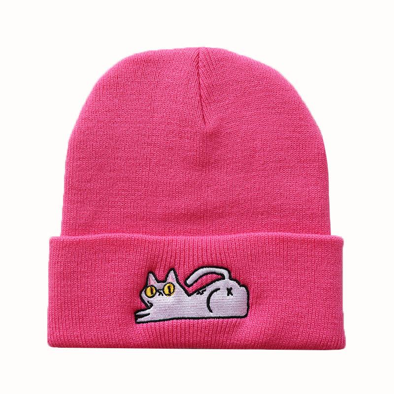 Cute lazy cat embroidered knitted hat for male and female students, warm pullover hip-hop beanie