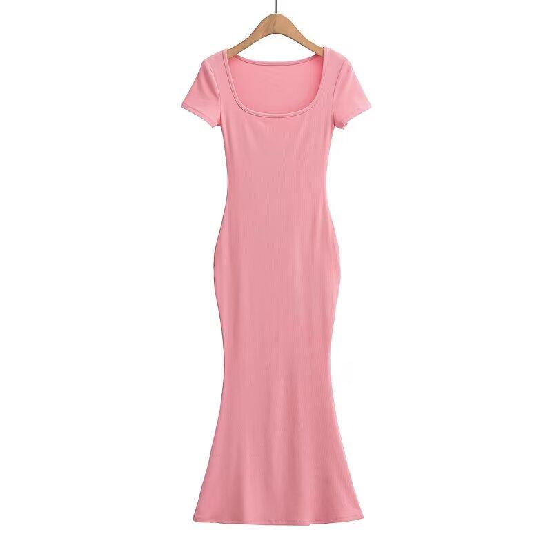 

French Pure Desire U-Neck Short-Sleeve Fishtail Bodycon Dress - Women s Summer Sexy Waist-Cinching Hip-Hugging Long Skirt Medium