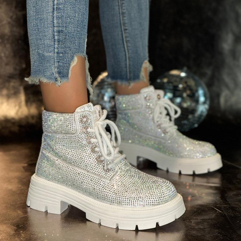 Retro Booties Fall Winter New Rhinestone Lace-up Round Toe Platform Plus Size Women's Shoes