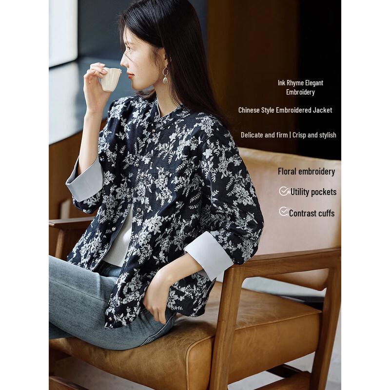 XWI New Chinese Style Ink Embroidered Faux Denim Jacket XL джинсовый синий