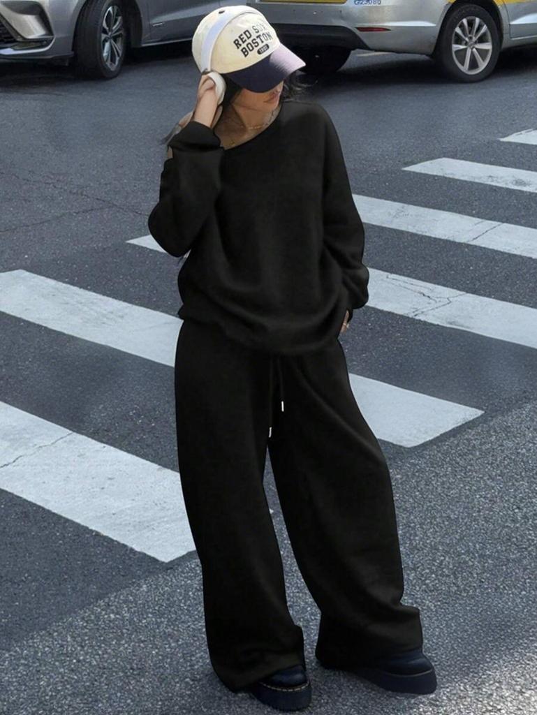 Women's Loose Hoodie Set with Matching Cap, Black Platform Sneakers, Casual Streetwear Outfit