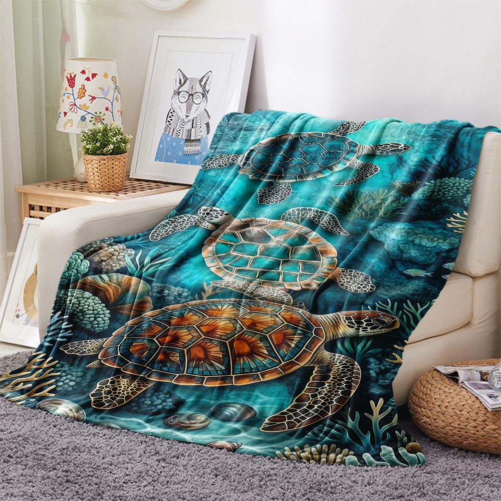1PC Marine Animals  Print FlAannel Blanket, High Quality Comfortable for All Seasons, Home Decor, Warmth and Comfort