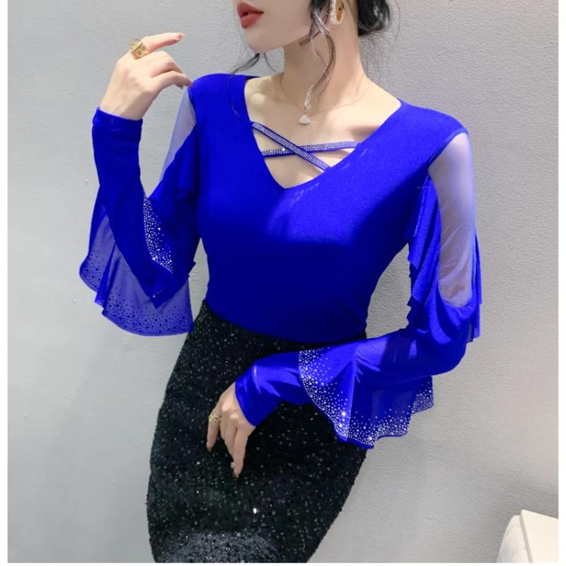 Spring Autumn Streetwear Girl Ruffled Hot Diamonds T-Shirt Fashion Sexy V-Neck Mesh Tops Women's Fare Long Sleeved Tees