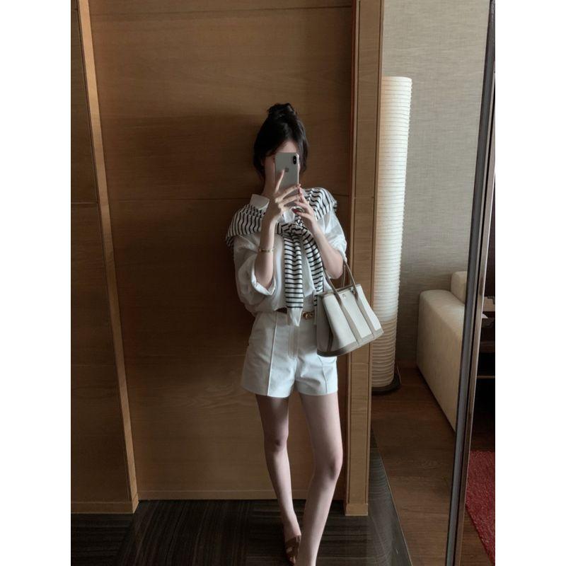 Old Qian Style Wear Suit Women's Long Sleeve Polo Collar White Shirt Autumn High Waist Wide Leg Shorts Temperament Twinset