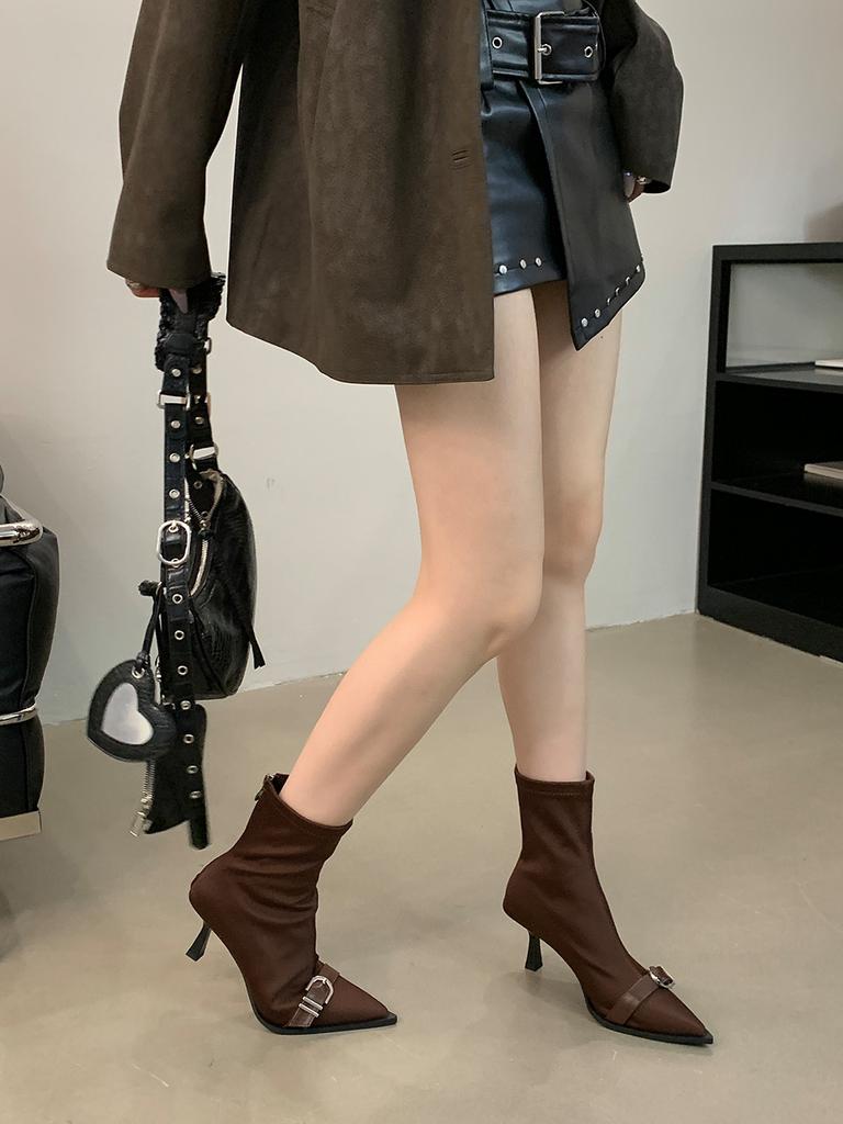 fashion Pointed Toe Women Ankle Boots Chelsea Boots Thin High Heels Black Brown Rivet Design Fashion Dress Shoes Woman Size 35-39 Pumps