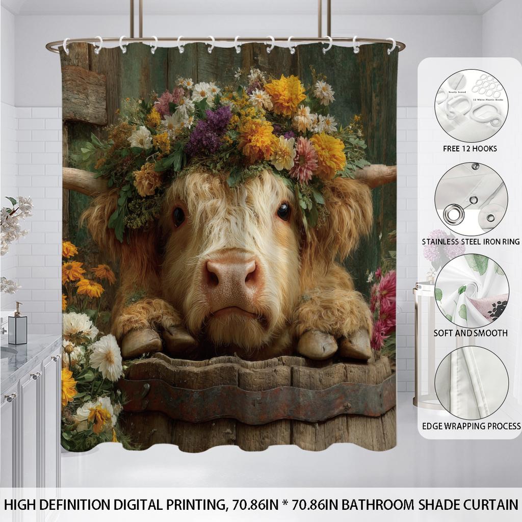 1 st Highland Cow Blomtryck Vattentät Duschdraperi Partition Sekretess Hängande Draperi 12 Krok Flera Storlekar Maskintvättbar