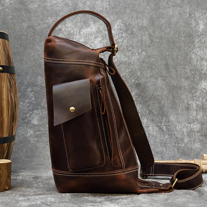 Retro Big Leather Chest Bag For Sports Hiking Biking Crossbody Bags Crazy Horse Leather Men Male Chest Packs Single Shoulder Bag