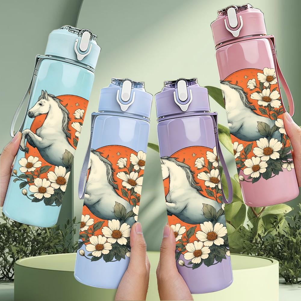 1PC Floral White Horse Art 750ml Color Plastic Sports Water Bottle Leakproof Flip Straw Lid Suitable for Sports Office Home Use