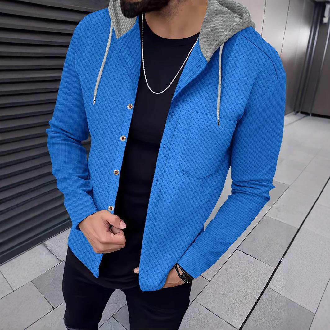 

Autumn men s waffle single-breasted hooded casual cardigan jacket 3XL