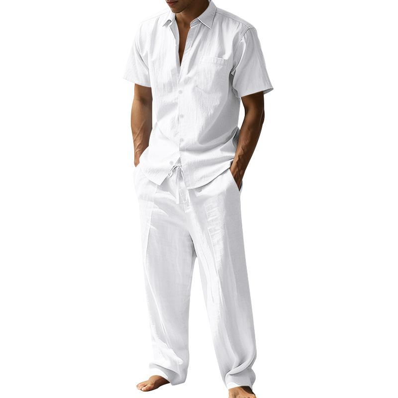 Summer Linen Lapel Short-sleeved Shirt Set Men's, Casual Trousers Two-piece Set, European and American Men's Clothing