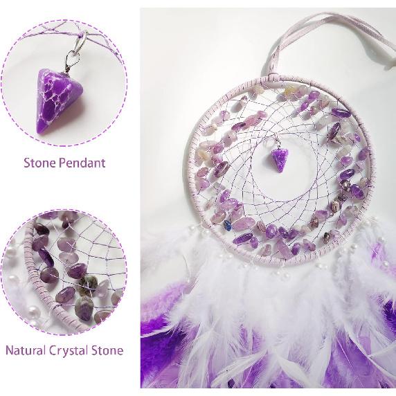 Purple Dream Catcher Wall Decor Feather Dream Catchers with Crystal Pendant Handmade Dreamcatcher Wall Hanging Ornament for Bedroom Living Room Home