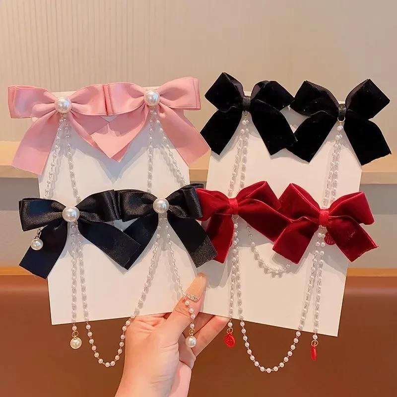Eleganter Perlen-Schleifen-Quasten-Haarclip Solide Samt-Haarklammer Kinder Prinzessin Beste Haarnadeln Neue Mode Schönheit Haaraccessoires
