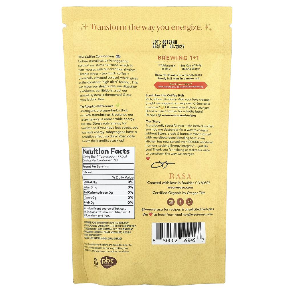 Rasa, Herbal Coffee Substitute with Adaptogens, Original, 8 Oz (226 G)