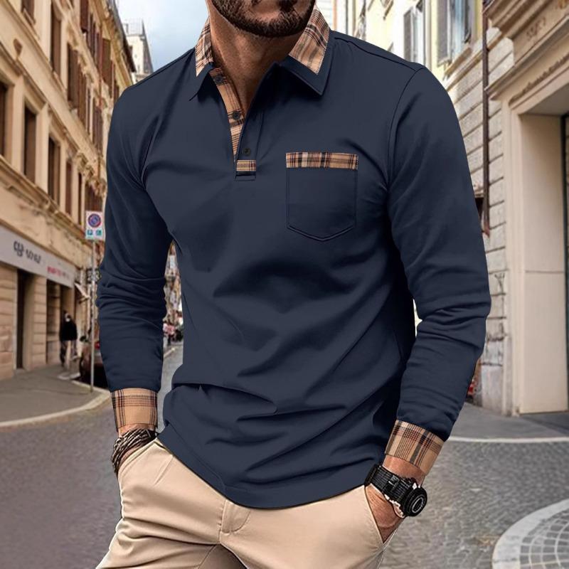 New Spring and Autumn Men's Daily Casual Solid Color Patchwork Pocket ComfortableLong-sleeved Polo Shirt