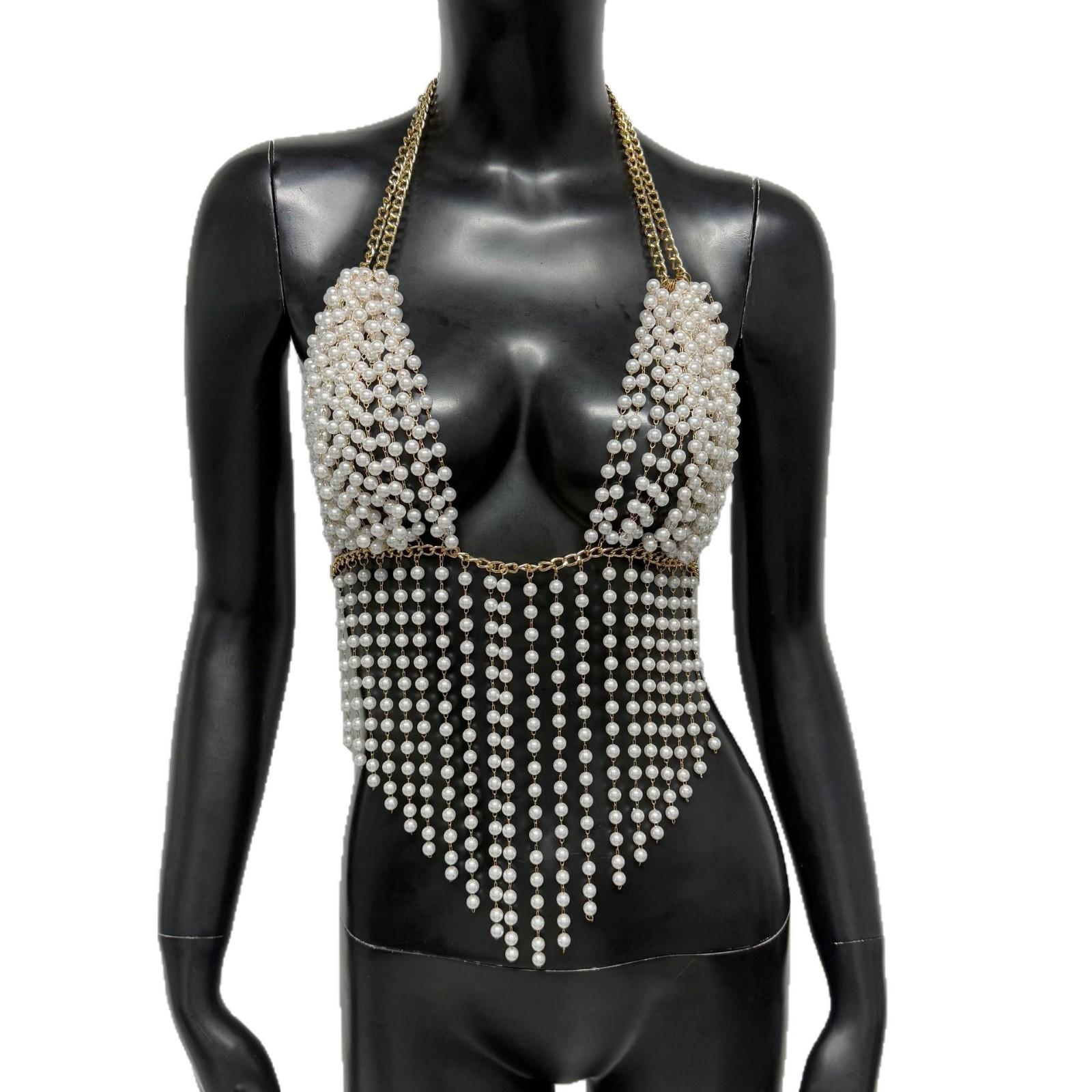 New Body Chain Jewelry Bridal White Pearl Gold Chain Top Sexy Layered Fashionable Women s Clothing 2026 Pearls Beaded Halter Top One size