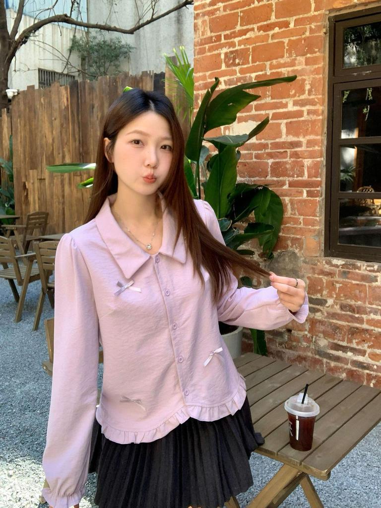 2026 Spring Plus Size Women's Bow Long Sleeve Ruffle Blouse