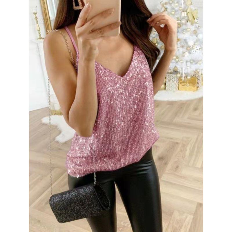 Sequin V-neck Sleeveless Loop Strap Sequin V Neck Sleeveless Loose Sling Tops