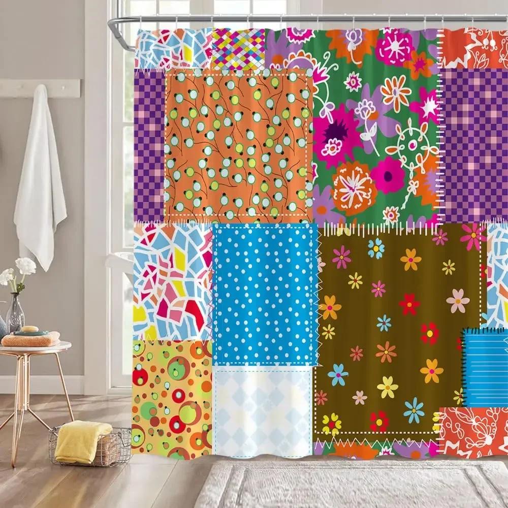 Bohemian Patchwork Print Shower Curtains for Bathroom Colorful Floral Vintage Shower Curtain Bathtubs Waterproof Fabric Screen