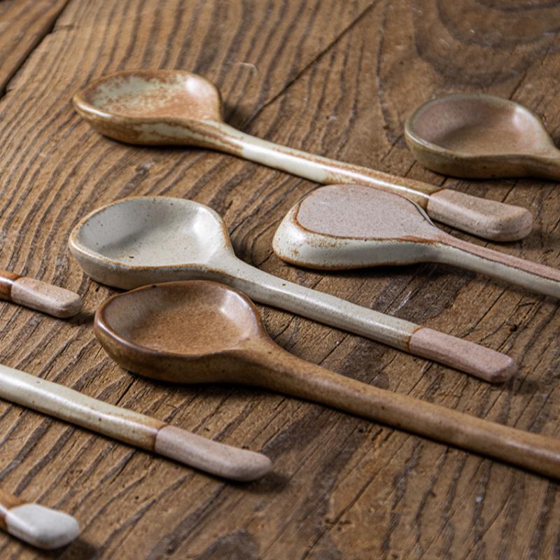Japanese Coarse Pottery Spoon Household High Appearance Level Small Spoon Long Handle Coffee Cup Spoon Soup Spoon Porridge Spoon