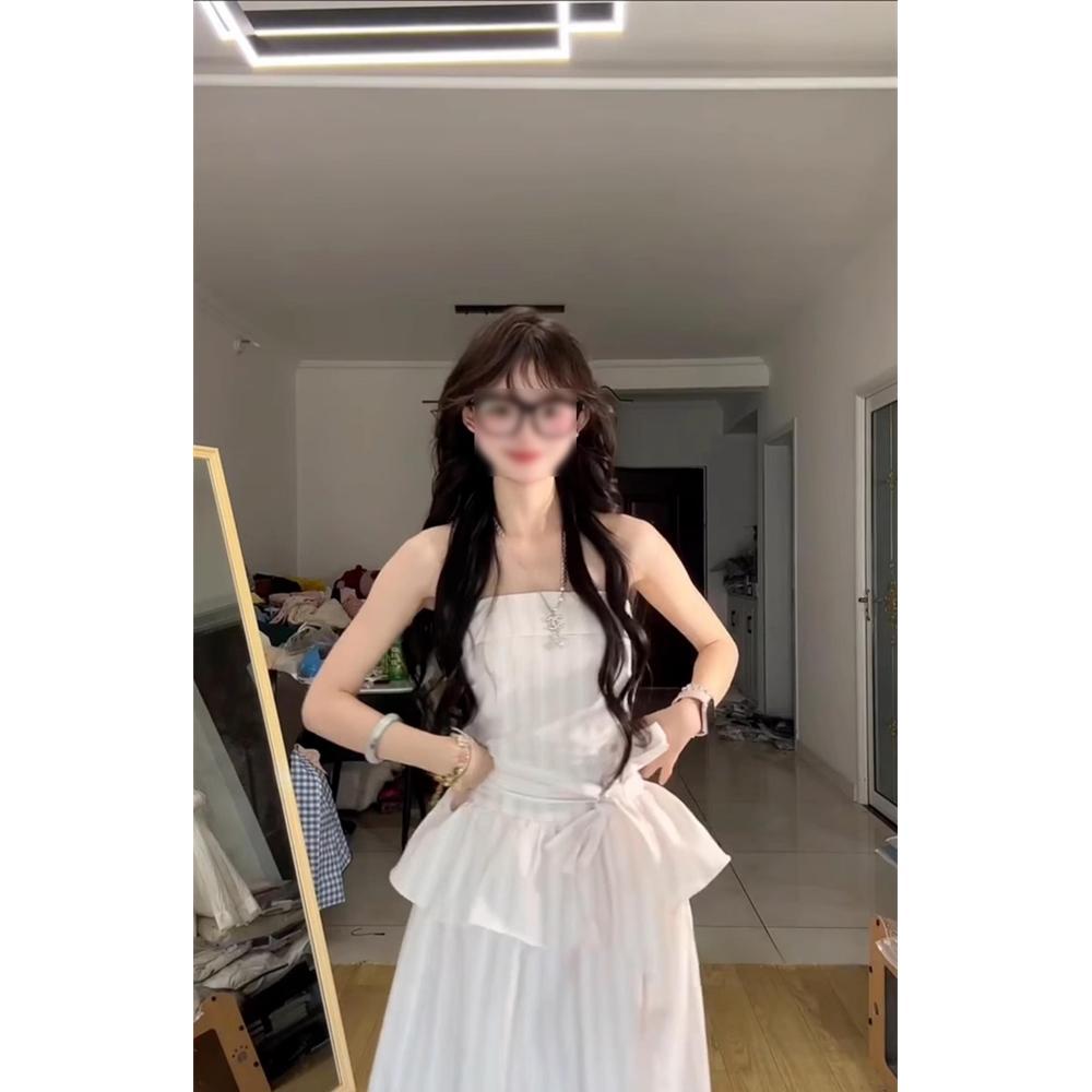Especially Beautiful Waist Pinch Tube Top Suspender Dress Summer Strap Design Waist Thin a Word Long Skirt