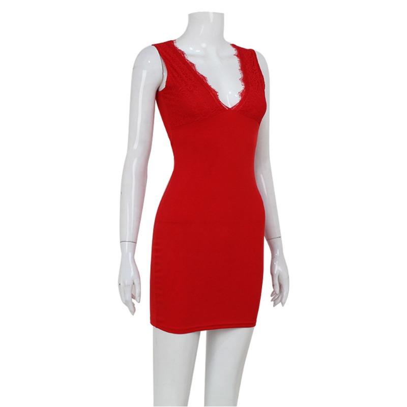 Women's Fashion Sexy Lace V-neck Splicing Temperament Spice Girl Bag Buttock Short Dress