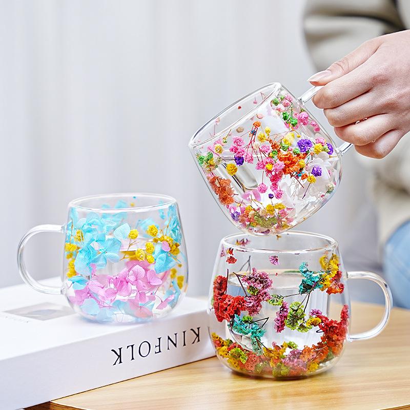 Dried Flower Hot Coffee Cups for Hot Drinks Tea 250ml Cofee Cup Borosilicate Glass Vasos Para Cafe Office Beverage Mug