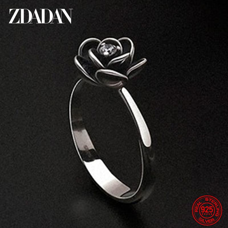 Anello Charm Fiore Rosa Nero Zircone in Argento Sterling 925 per Donna Moda Festa Gioielli Regalo Vendita all'Ingrosso