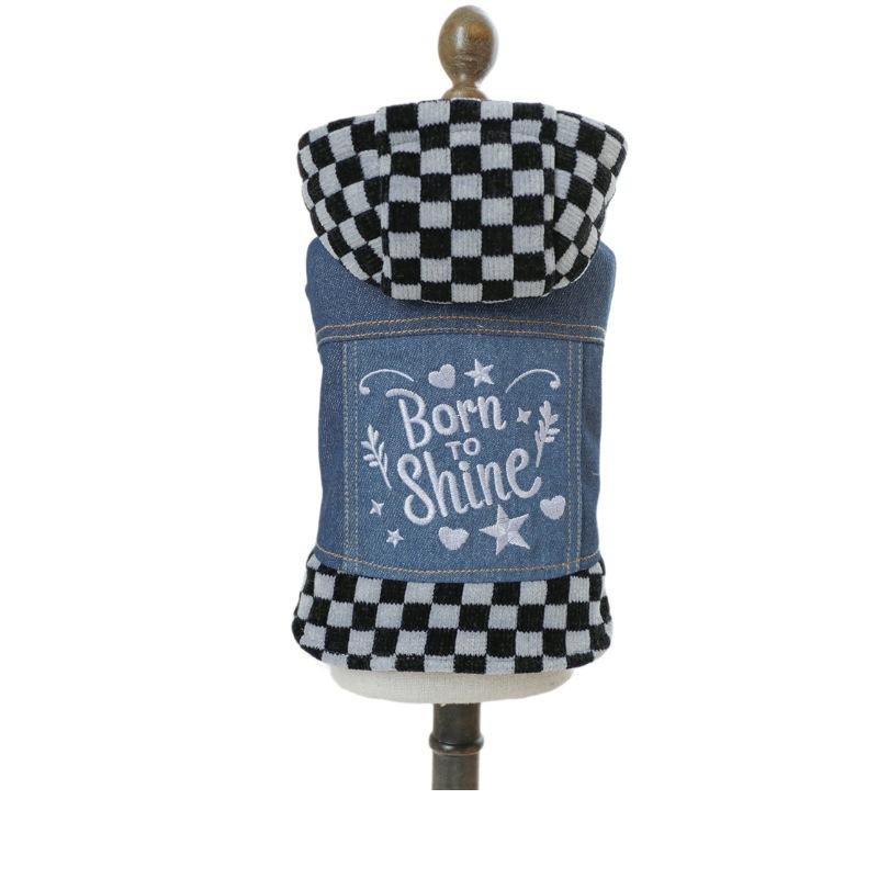 Pet Plaid Hooded Sweatshirt with Denim Splicing and Thickened Coat Clothing 3-color Plaid Denim Coat Dog Clothes for Small Dogs