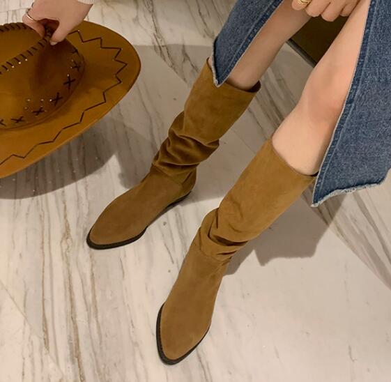 Fashion 2025 Luxury Genuine Leather Boots Women Suede Nubuck Cowboy Botas Femmes Mid-Calf Pleated Chunky Botines Fur Winter Snow Shoes