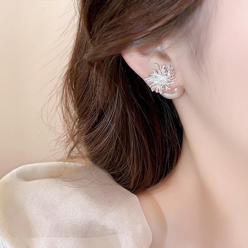 Silver needle zircon fireworks pearl stud earrings light luxury high-end earrings popular French elegant versatile earrings women