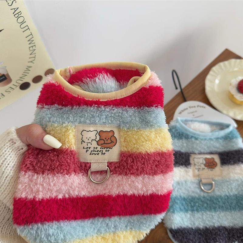 Dog fleece clothes autumn and winter rainbow candy striped than bear cat teddy small dog warm pet vest