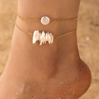 WIH New Pearl Small Gravel Inlaid Multi-layer Anklet, Geometric Irregular Chain Two-layer Anklet Set