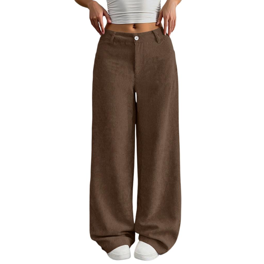 Corduroy Pants For Women Casual Elastic Waist Straight Leg Pants Loose Comfy Trousers With Pockets