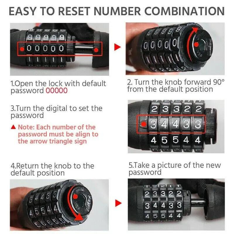 Bike Lock 5 Digit Code Combination Bicycle Security Lock Steel Cable Spiral Bike Cycling Bicycle Lock 120cm Chain Padlock 12mm