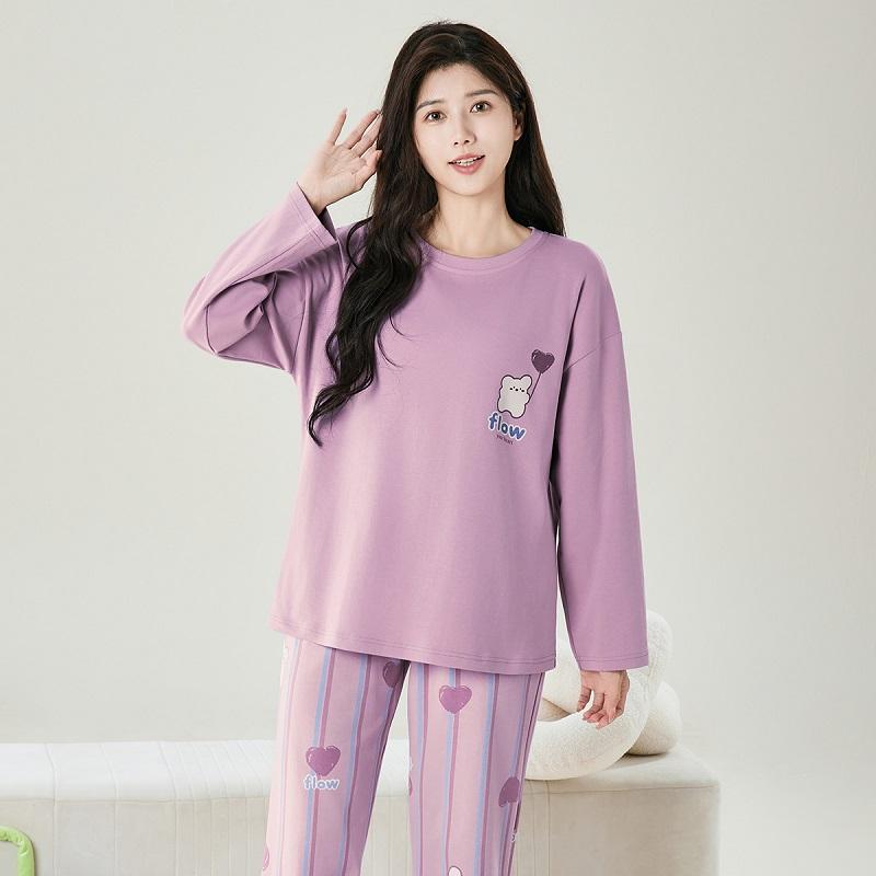Fenteng Women's 100% Cotton Round Neck Long-Sleeved Home Suit Set