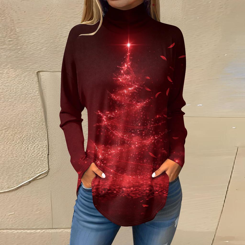 Women's Fashionable Loose-Fit High-Neck T-Shirt With Christmas Print Long-Sleeved Top