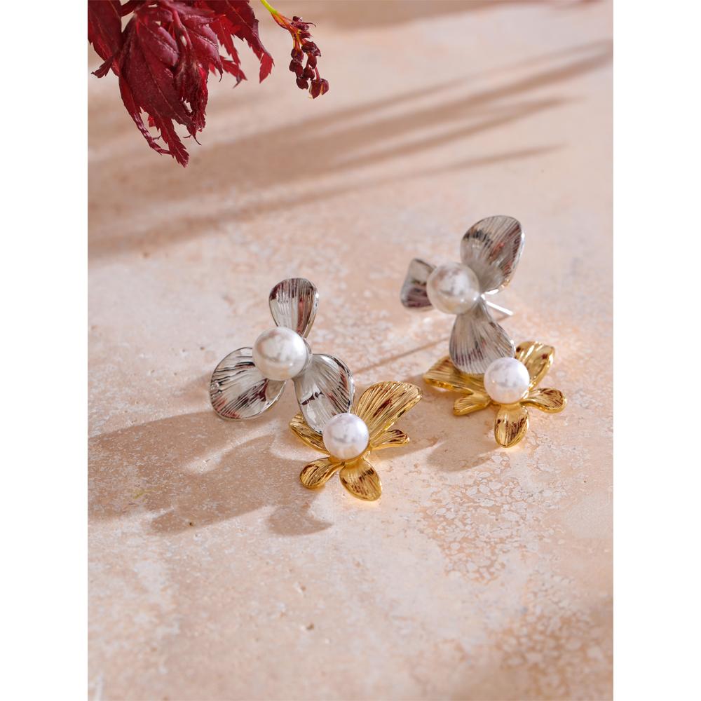 Yhpup Fashion Imitation Pearls Flower Drop Earrings for Women Stainless Steel Korean Style Elegance Popular Jewelry Gift