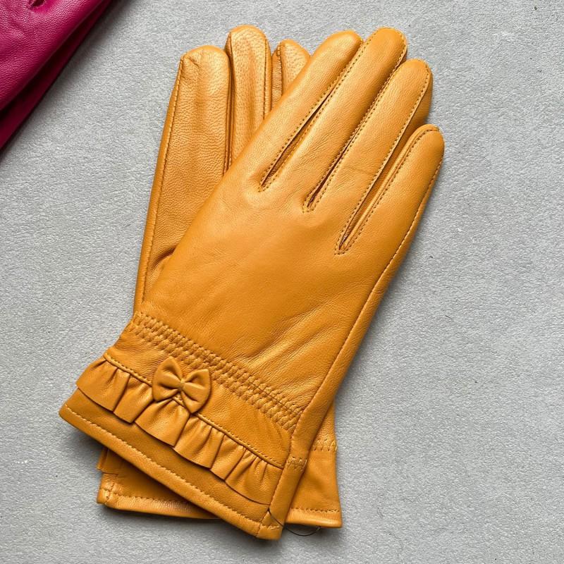 Womens Sheepskin Leather Gloves Warm Fleece Lined Cute Lace Trim Winter Driving Split Finger