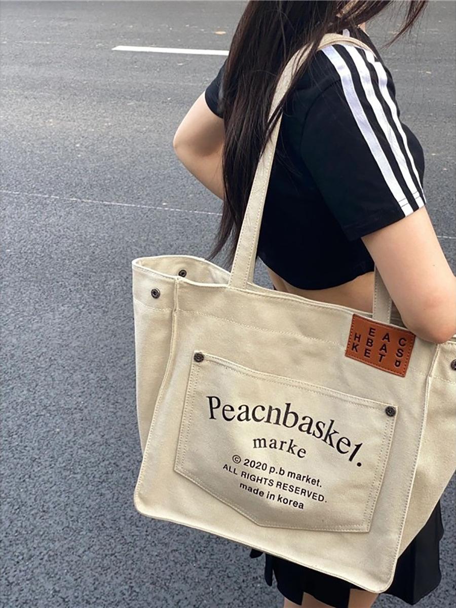 

Сумка-тоут большой вместимости для женщин, корейская версия холщовой сумки с принтом для студентов колледжа, литературная сумка через плечо Харадзюкуфэн 2025