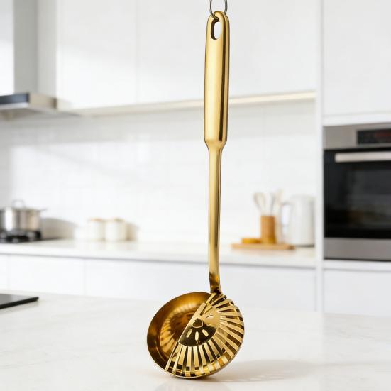 Stainless Steel Soup Ladle with Long Handle And Strainer 2-in-1 Kitchen Spoon for Serving And Filtering Easy To Store Hanging Hole Cooking Tools