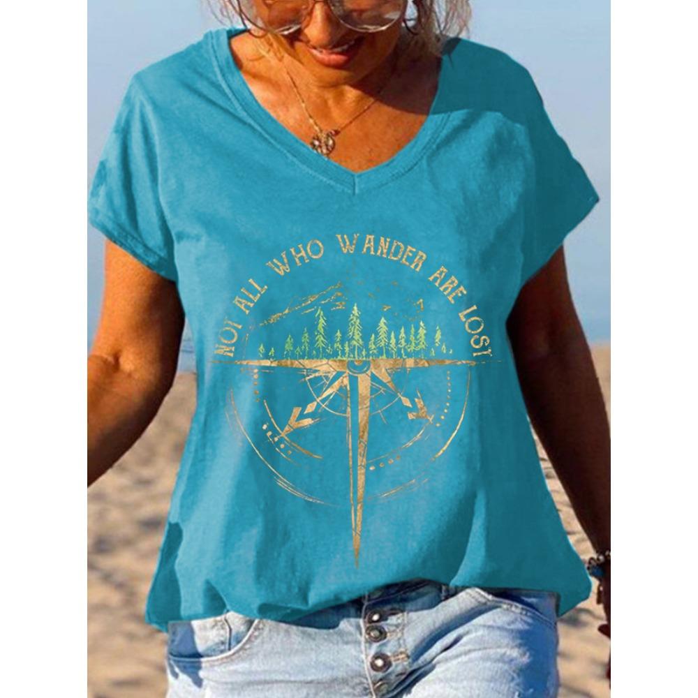 NEW Women's Short Sleeve T-Shirts Casual V Neck T Shirt Hippie Letter Print Tops Summer Tees