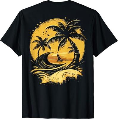 AUF DER RÜCKSEITE Tropische Palmen Segelboot Strand Insel Sonnenuntergang T-Shirt