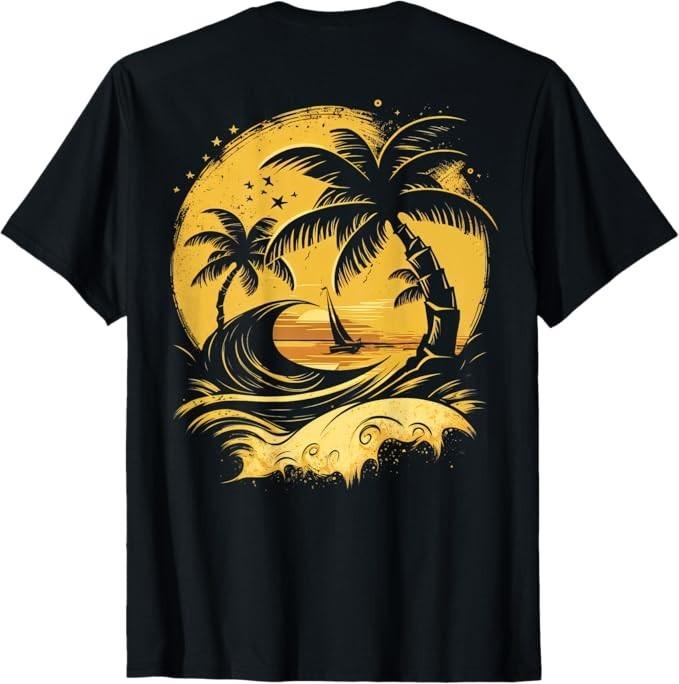 

ON BACK Tropical Palm Trees Sailboat Beach Island Sunset T-Shirt 4XL