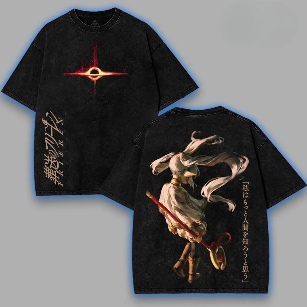Frieren Anime T-Shirt Herren Damen Kleidung Harajuku Vintage Gewaschen Übergroßes T-Shirt Sommer Lässig Kurzarm Baumwolle T-Shirts Oberteile