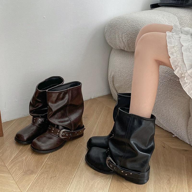 Versatile boots Western women's belt buckle cowboy boots European and American style short boots women's fashion summer rivets stacked retro