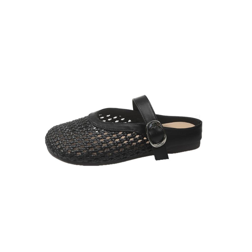 Woven Hollow Bag Head Half Slippers Women's Outer Wear 2025 Spring and Summer Retro Versatile Flat Soft Bottom Lazy Slippers Comfortable