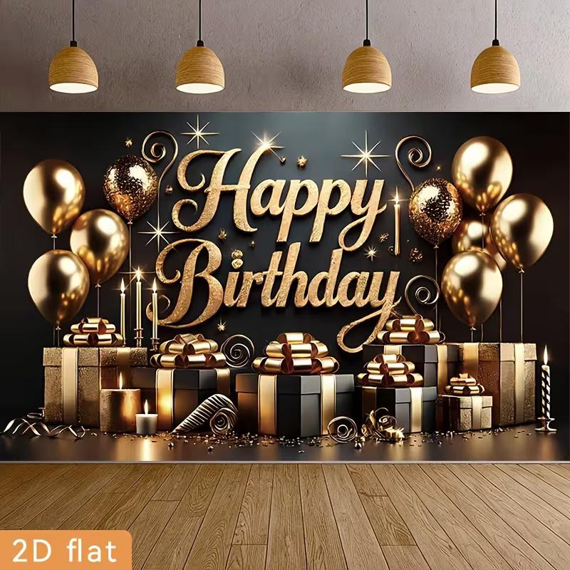 

2D Luxury Black Gold Birthday Background, Happy Birthday Glitter Text & Presents Backdrop 47.2x31.5inch/120*80cm
