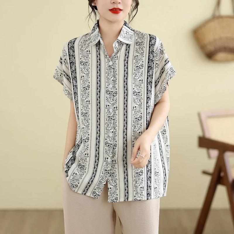 Women Floral Stripe Print Collared Short Sleeve Button Up Loose Blouse L