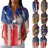 Women's Fashion 3/4 Sleeve Casual Lapel Back Tie Independence Day Printed T-shirt Top